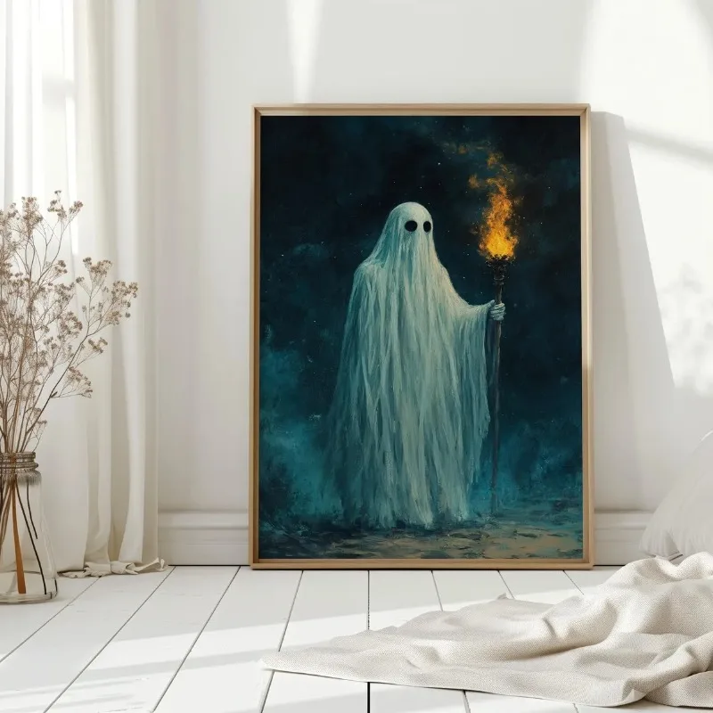 Ghost Holding Burning Torch Gothic Halloween Canvas Poster Prints Frameless Wall Art Mysterious Moody Rustic Home Decorations