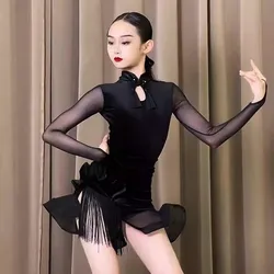2025 Autumn/Winter New Latin Dance Dress Girls' Long Sleeve Training Dress Children's Practice Dress Children's Performance Danc
