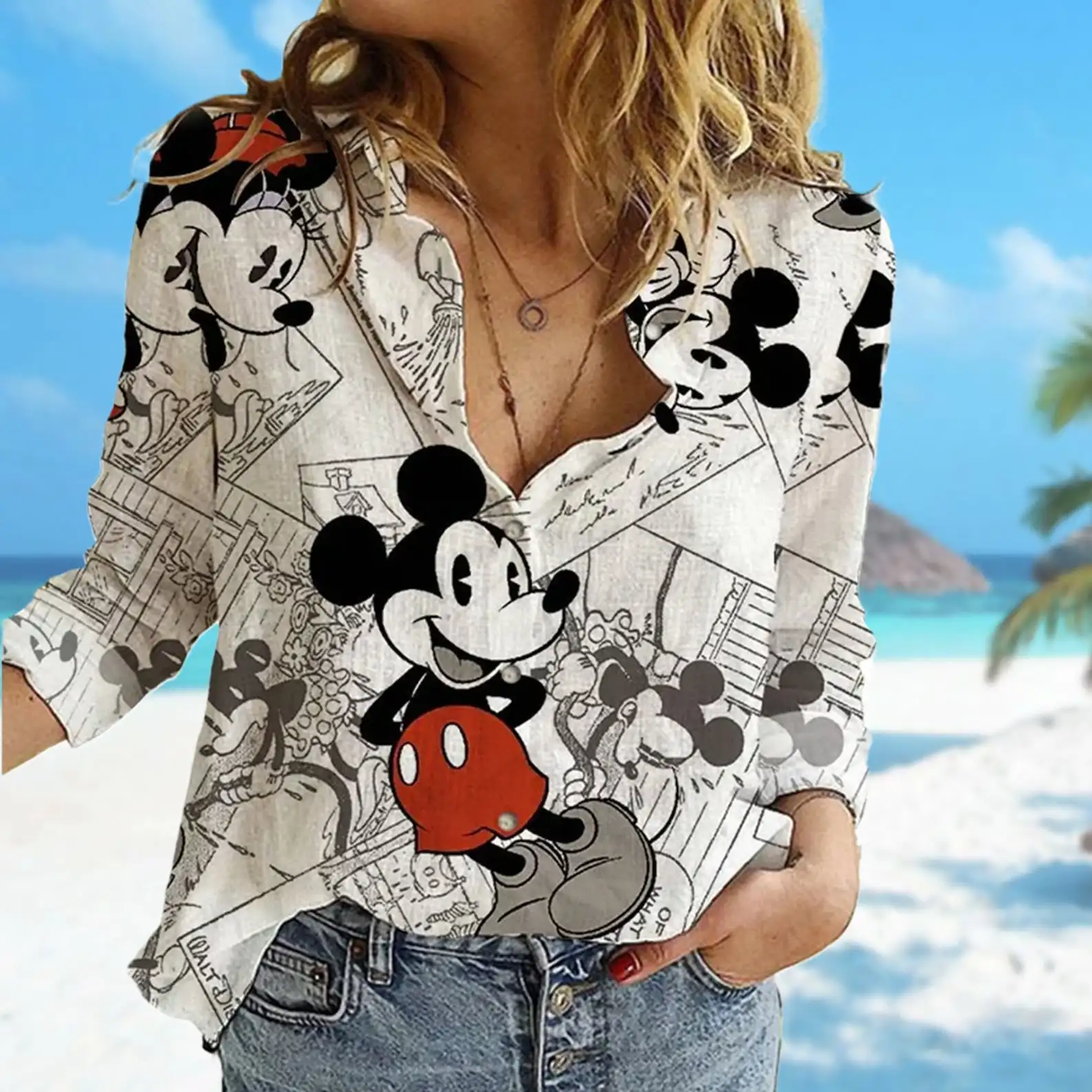بلوزات ديزني ميكي النسائية قميص كاجوال بأزرار وأكمام طويلة قميص كارتوني أنيق ثلاثي الأبعاد مطبوع بالكامل قمصان علوية