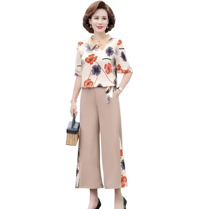 

Mom Summer Suit Western Style Fashion Women Short-Sleeved Chiffon Shirt T-Shirt Middle-Aged Elderly Lady Temperament Two-Piece