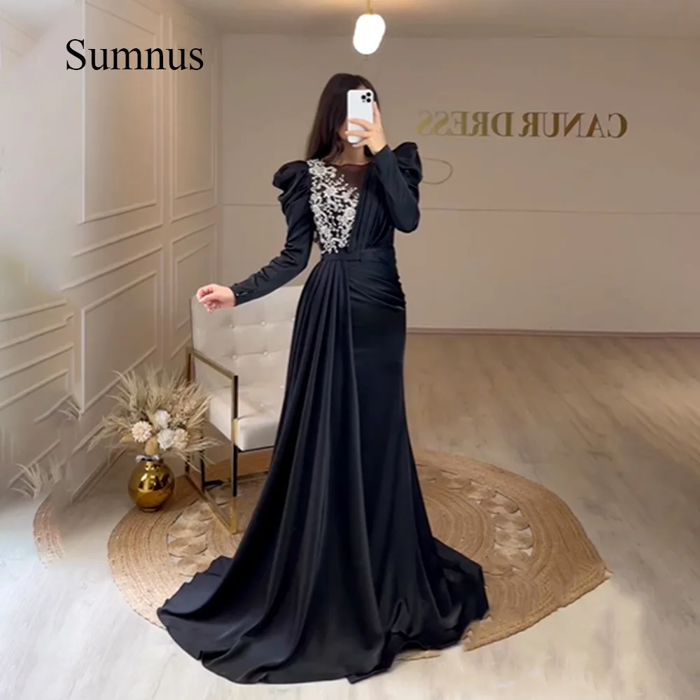 

Sumnus Black Mermaid Saudi Arabic Evening Dresses Long Sleeve Beads Satin Muslim Formal Dress with Belt Duabi Prom Party Gowns