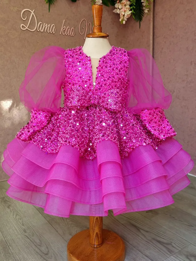 Vestido de princesa de manga larga con lentejuelas para niña, ropa mullida de lujo con cuello en V a la moda para banquete, Carnaval y actuación, novedad de 2024