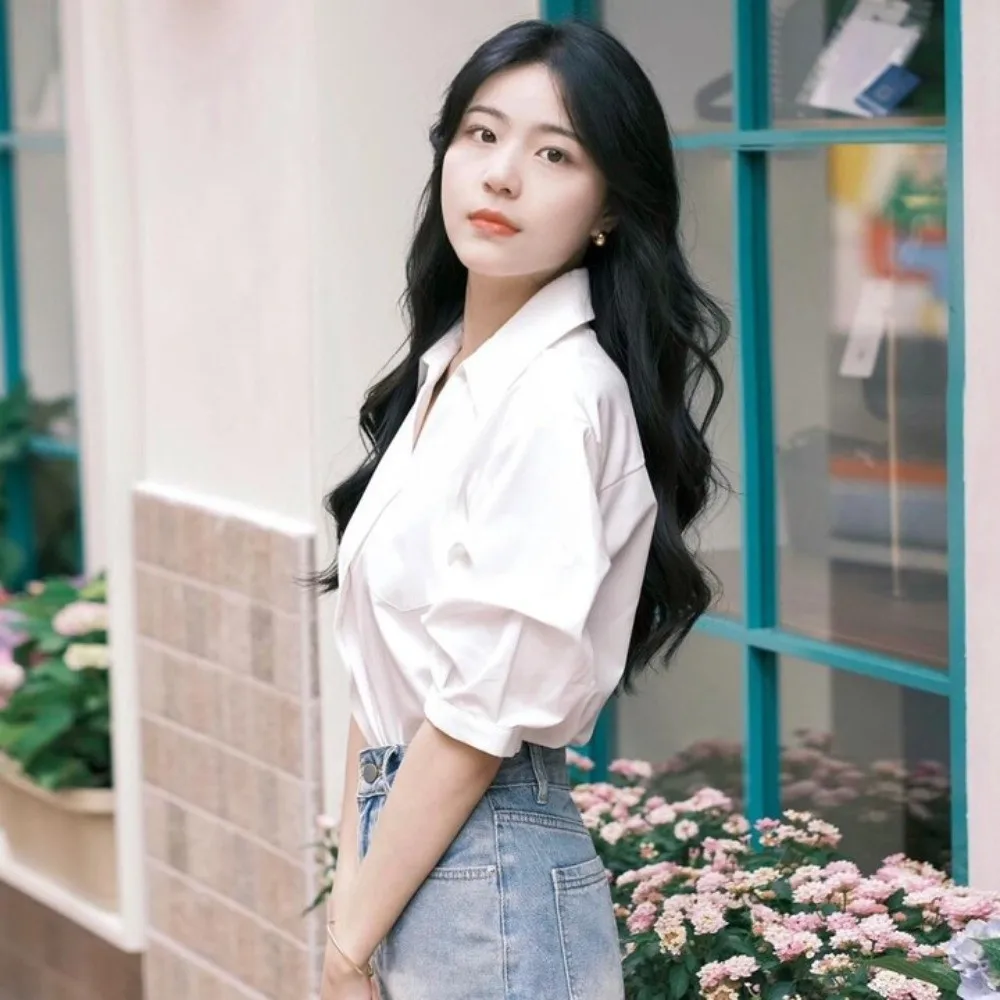 V-neck Long Sleeve Shirts Tops Loose Clothing Sleeves White Korean Style Blouse Short Slim Fit Simple Slim Buttons Shirts Travel