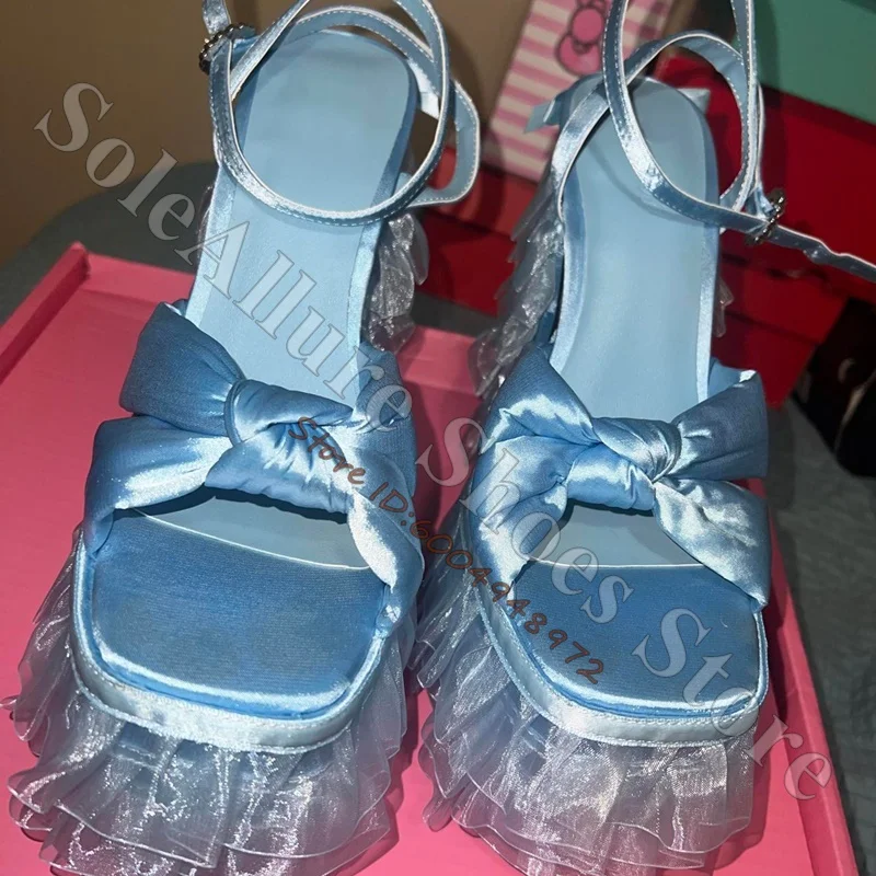 Light Blue Tulle Ruffle Platform Sandals Satin Big Bow Rhinestone Buckle Ankle Strap Chunky Super High Block Heel Lolita Shoes 3