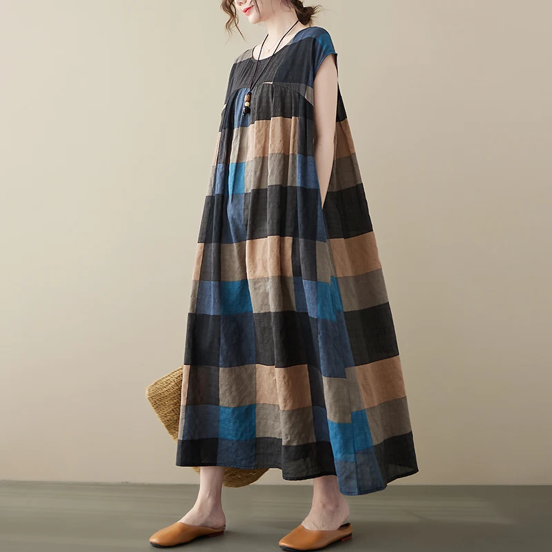 

plus Size Women's Summer Plaid Dress Meat Concealing Vintage Artistic Loose Slimming Short Sleeve Long Dress Women
