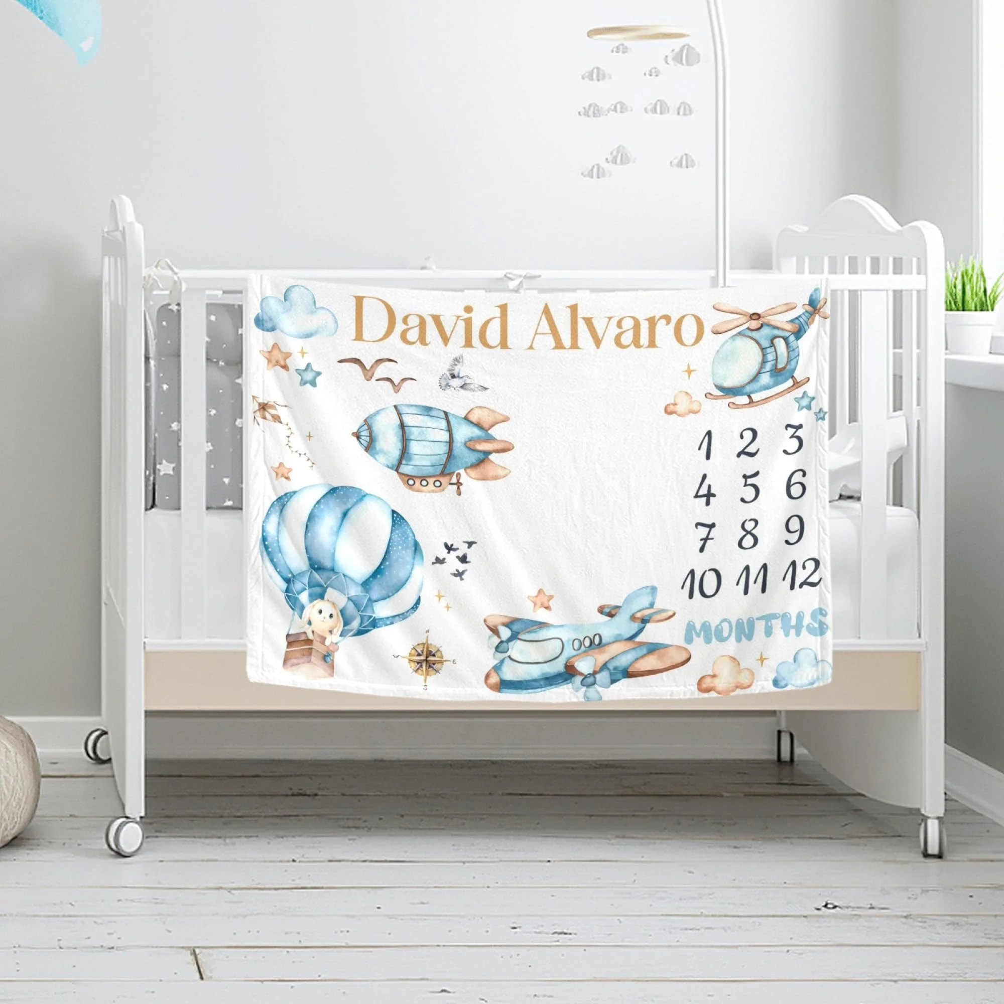 VIKAMA Aviation Baby Monthly Milestone Blanket, Airplane Hot Air Balloon Newborn Photo Mat for Boys Nursery Decor
