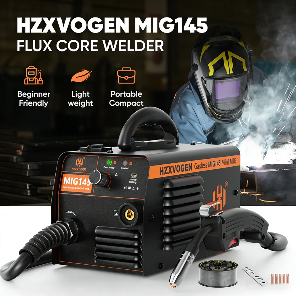 HZXVOGEN MIG145 Gasloses Drahtschweißgerät IGBT Inverter Schweißmaschine Mini Tragbar Ohne Gas Flussmittelkern MIG-Schweißgerät für 2lbs 0,8/1,0mm E71T-GS Schweißdraht