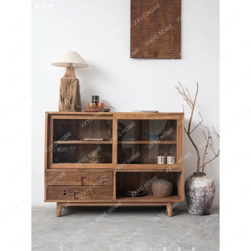 

Wabi-sabi style old elm sideboard solid wood living room wall-mounted tea cabinet
