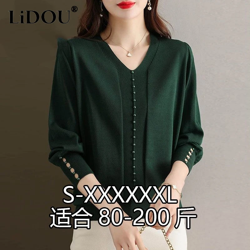 Spring Autumn New V-neck Puff Sleeve Elegant Knitting T-Shirts Women Fashion High Street Embroidered Flares All-match Pullovers