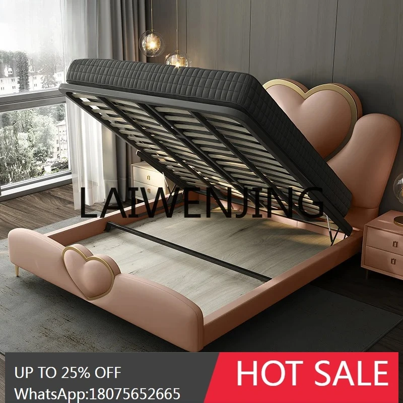 RWJ Children's Bed Genuine Leather Pink Heart-Shaped Solid Wood Girl Princess Bed