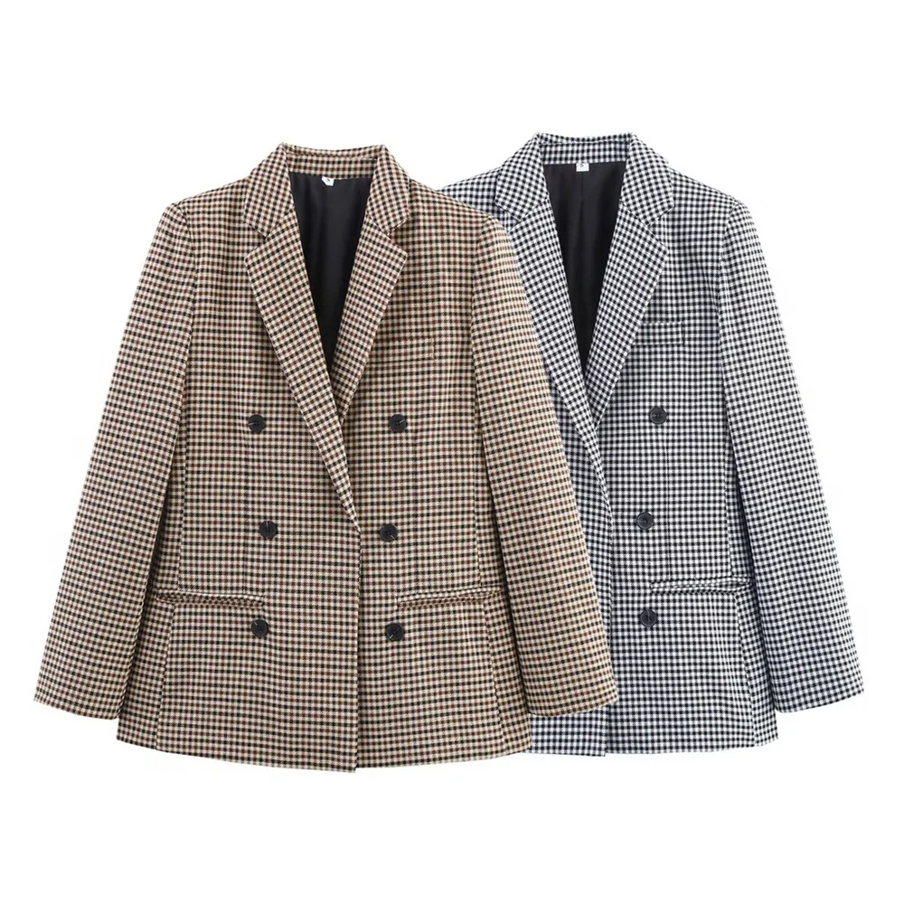 

Taop&Za women's double breasted long sleeved houndstooth suit new casual versatile temperament jacket