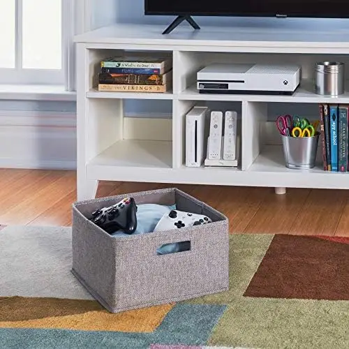 

Living and Learning ' Media Console - Creamy White Wooden TV Stand with Shelves and Fabric Bins \u2013 Cubby Organizer for