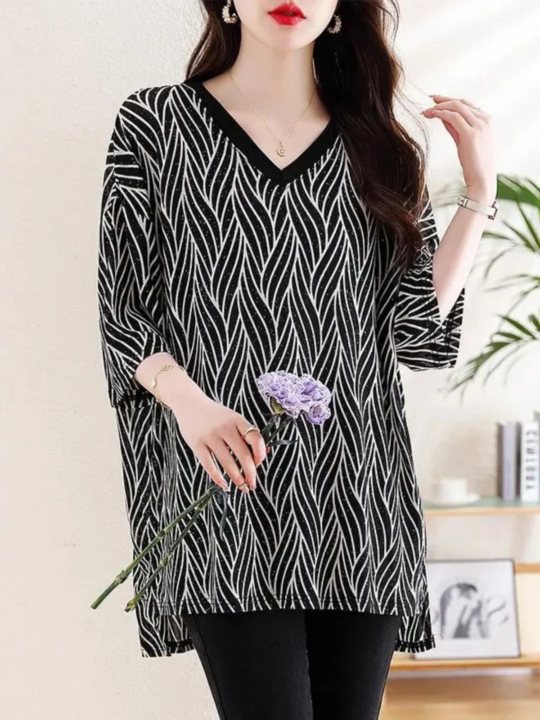 V-Neck Short Sleeve T-Shirt Women's plus Size Summer Vintage Striped Patchwork Loose Slimming Mid-Length Butt Covering Top