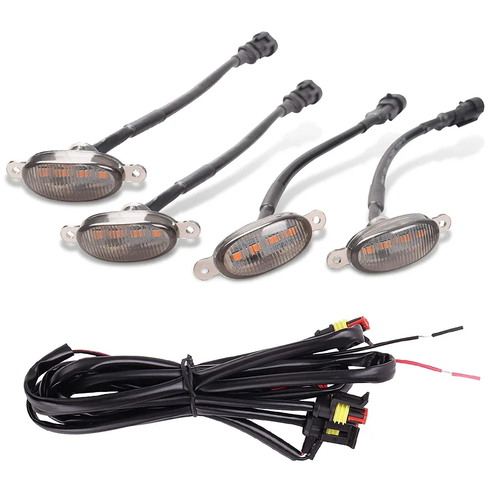 4pcs/set Universal Car LED Grille Light Yellow Amber Decoration Lights Wire Harness Daytime Running Grill Light Fog Lamp 12V
