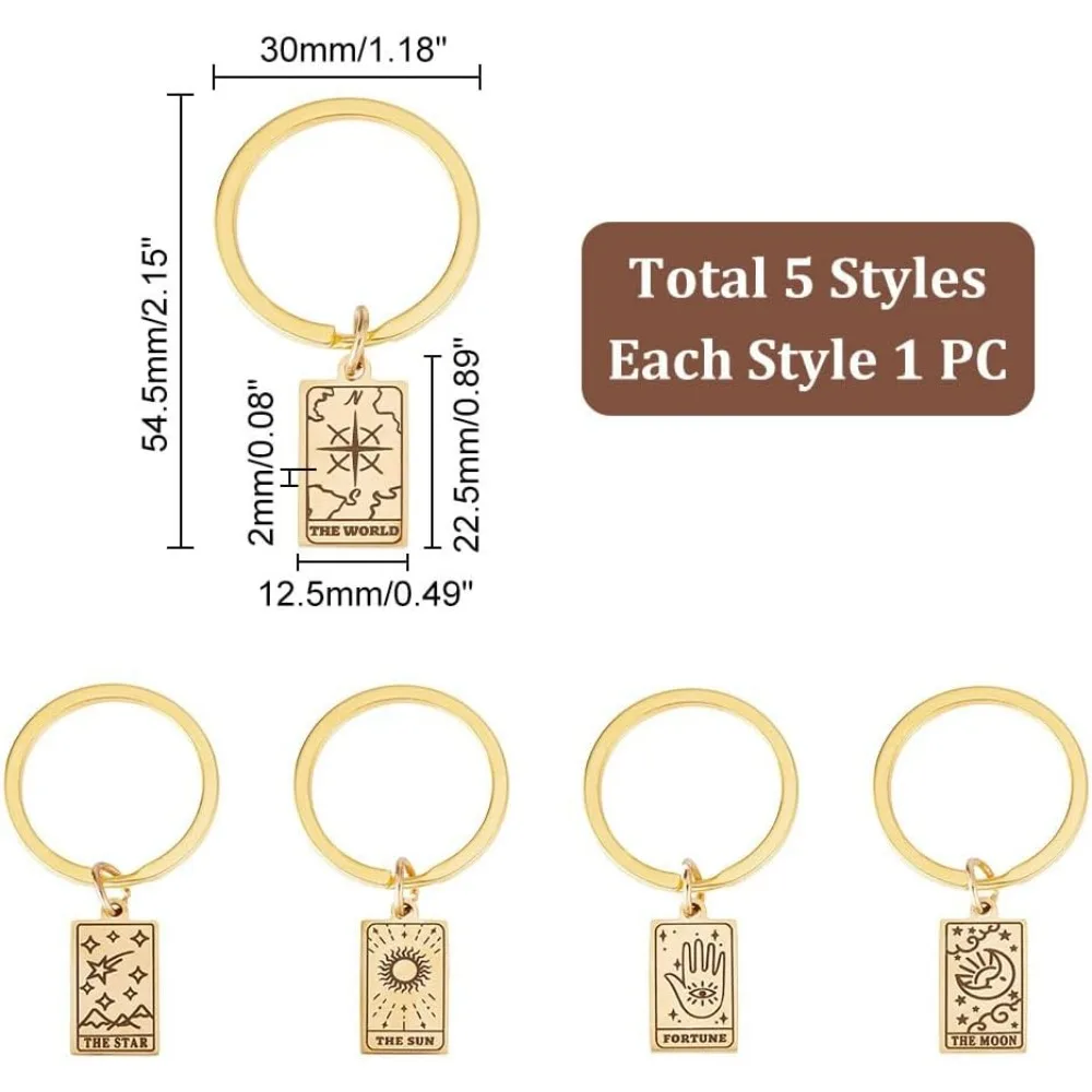 about 5 Pcs 5 Style Rectangle Keychains Tarot Keychains 316 Stainless Steel Pendant Keychains Rectangular Key Chain Metal