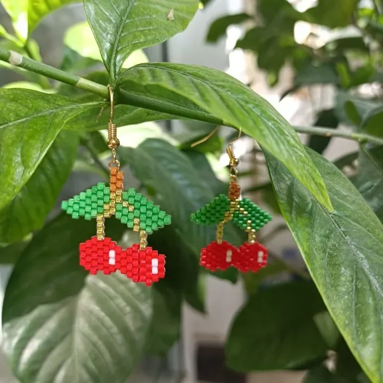 Rice bead earrings Hand woven The little cherry Personality Trend Creative Bohemia Fruit Fashion  Alloy Female Beaded earrings