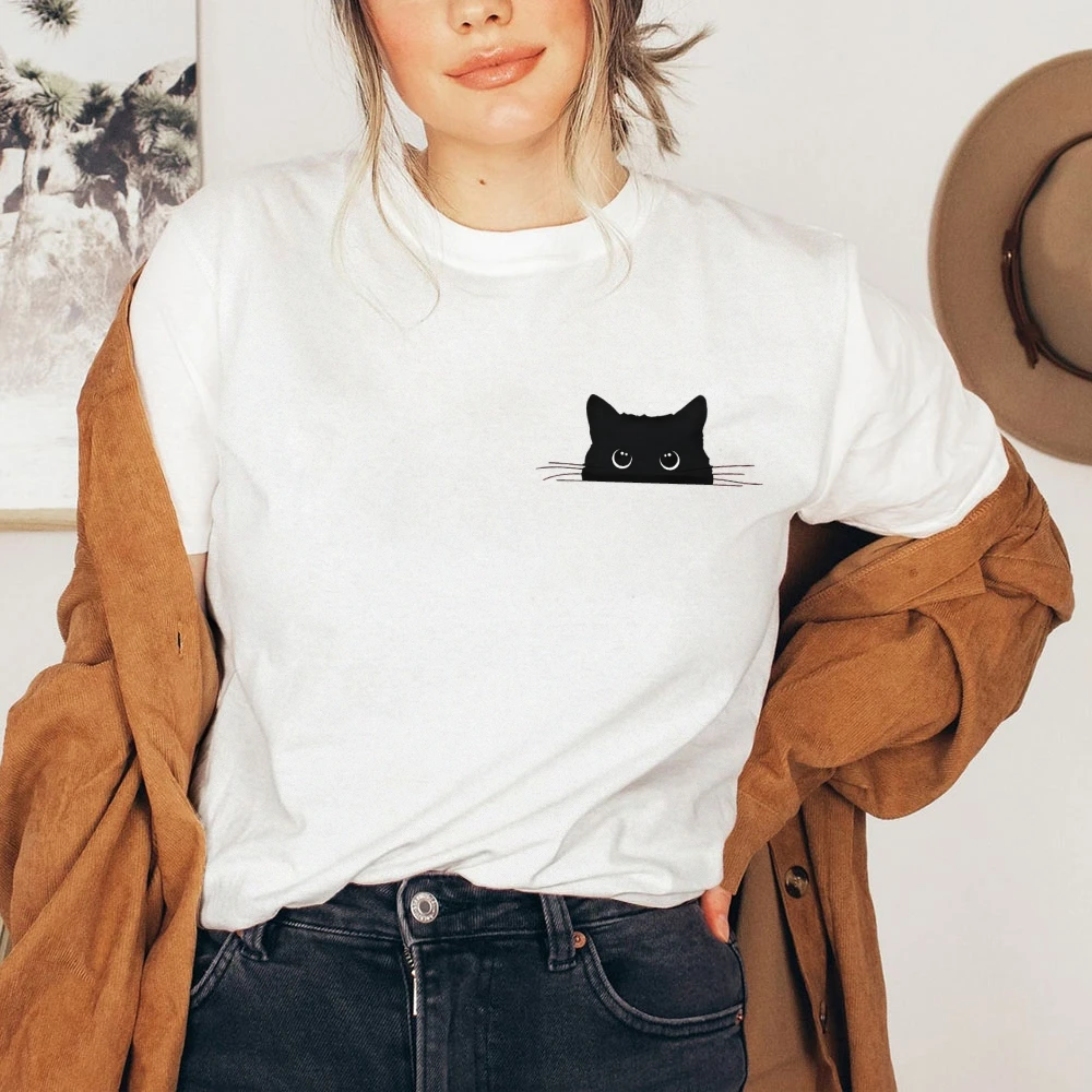 

Cute Black Cat Kitty Halloween Vintage Oversized Casual Women's T-Shirt Short Sleeve Comfort Colors Cotton Tee Pet Owner Gift