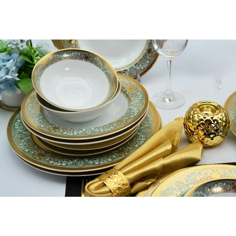 Quick Shipping 24pcs Embossed Gold Green Color Dinner Plates Soup Plate and Bow Bone China Dinner Set