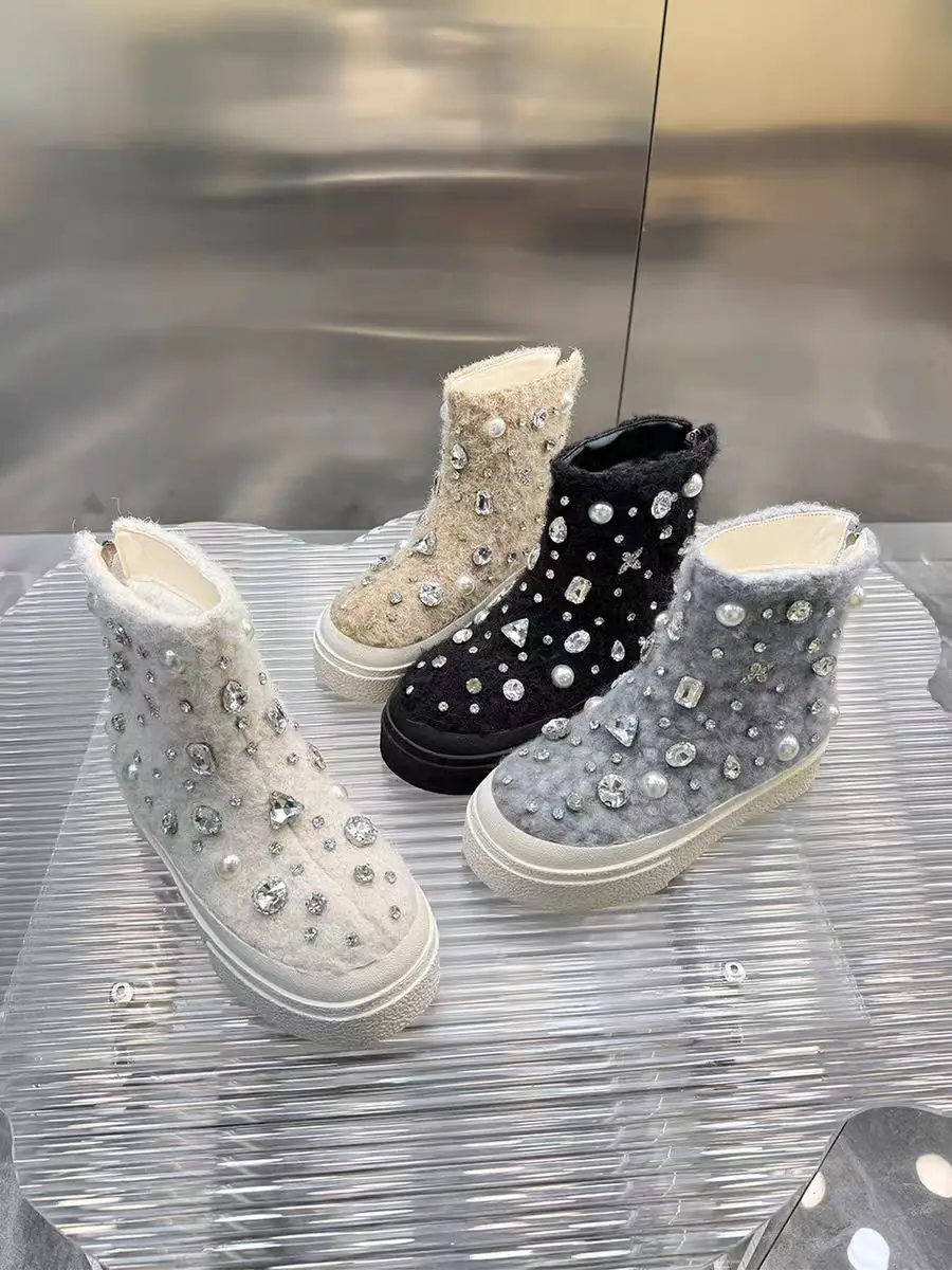 Luxuriöse Schneestiefel mit wasserdiamantperlen und Blumenmotiv, übergroße, einteilige, verdickte Damen-Baumwollschuhe aus Fell, Größe 35–40