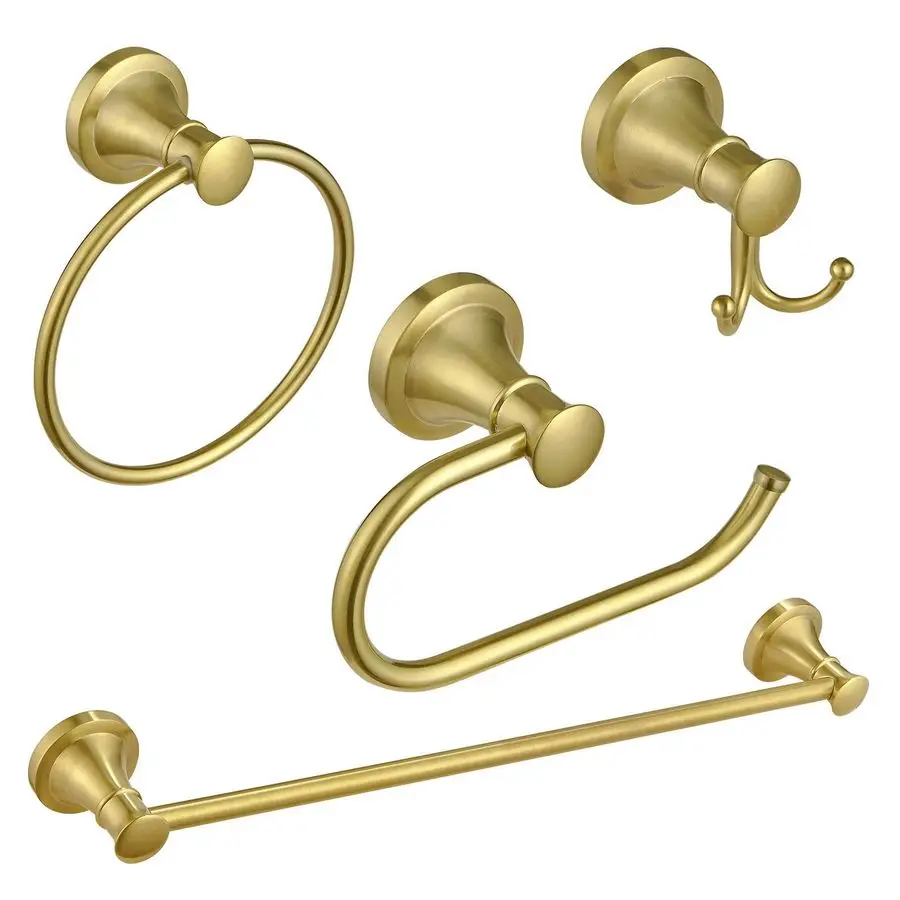 

Brushed Gold 4 Piece Bathroom Accessories Set Single Towel Bar, Towel Ring, Toilet Paper Holder, Double Towel Hooks, Wall Mounte