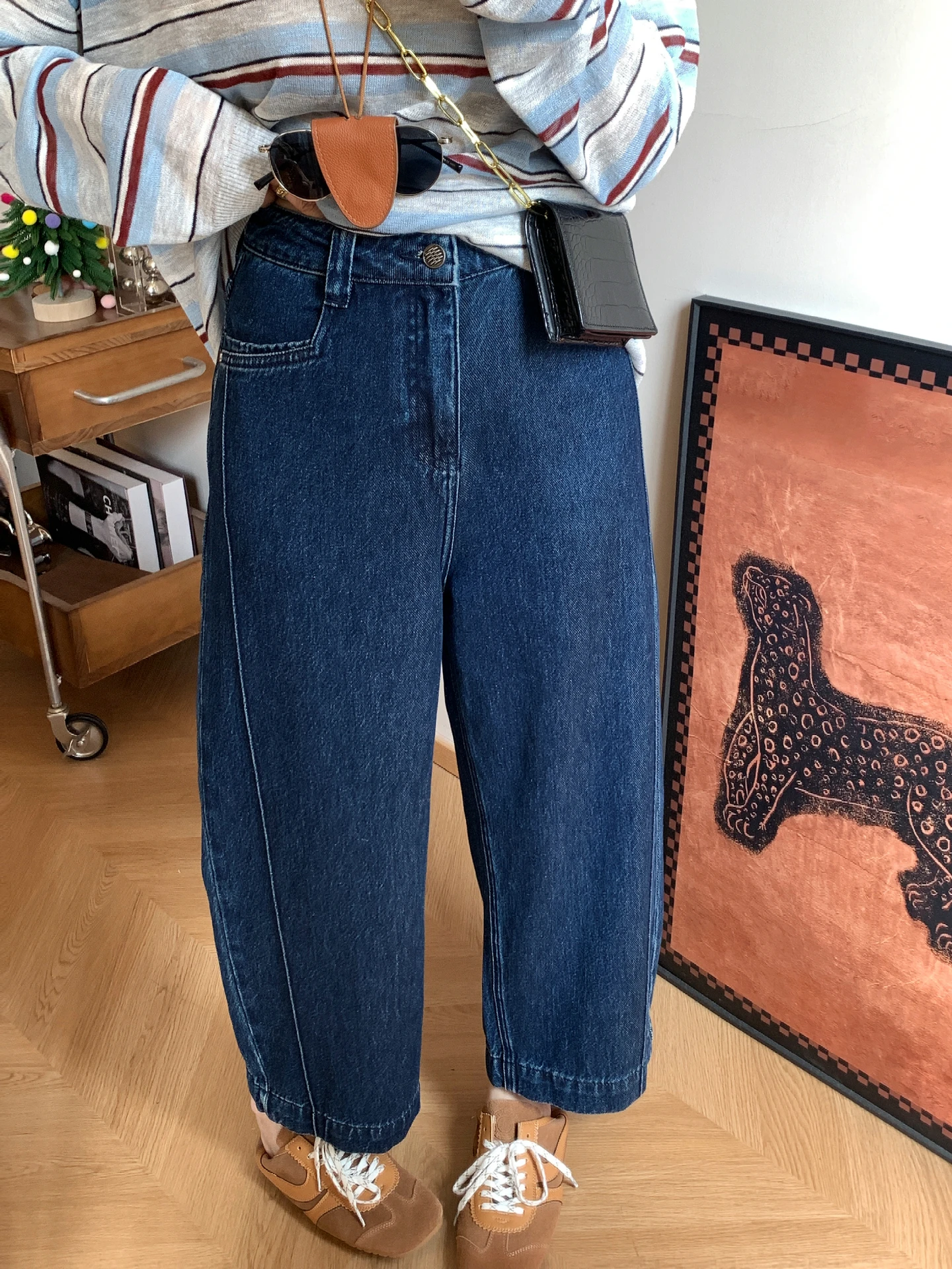 

Женские джинсы-шаровары из денима на раннюю осень 2025 года, синие, с высокой талией, прямые, повседневные, длиной 7/8 (до щиколотки), фасон «баллон»/«банан»