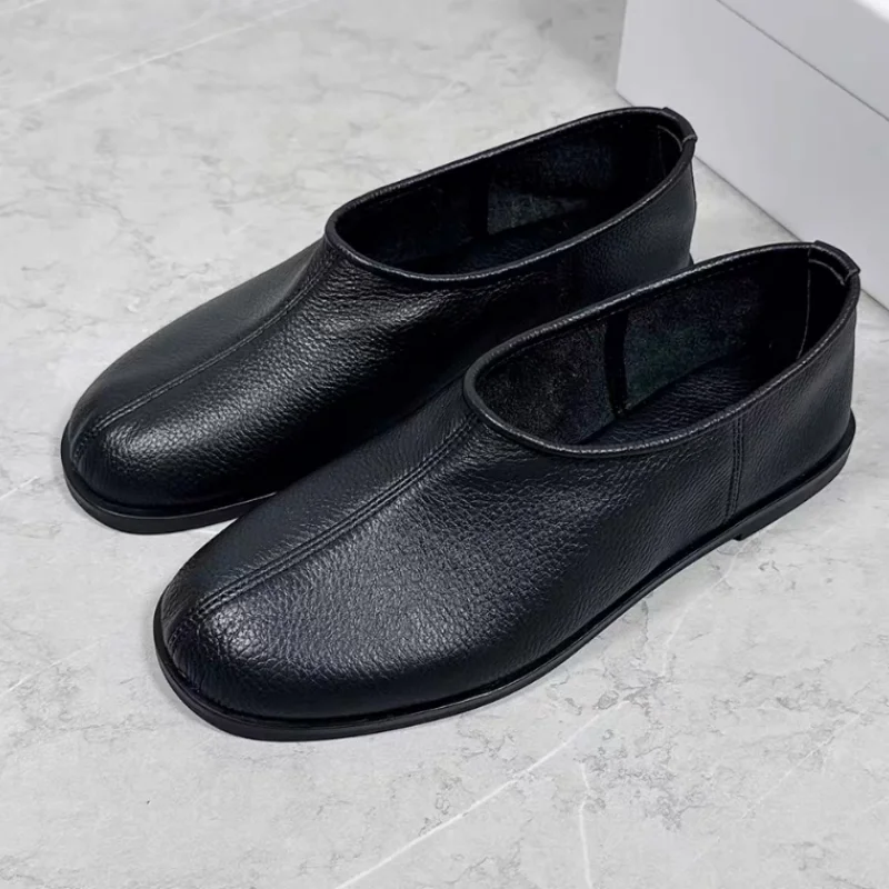 Pleated Shoes for Ladies Round Toes Flat Heels Shallow Female Ballets Sewing Lines Zapatos Mujer Leather Chassure Femme Solid