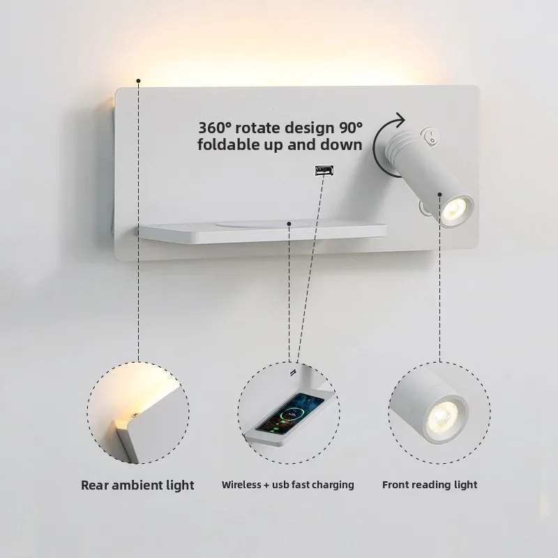 Modern Bedside LED Wall Sconce, Rotatable Reading Spotlight with USB Port , Warm Light Wall Lamp for Bedroom Hotel