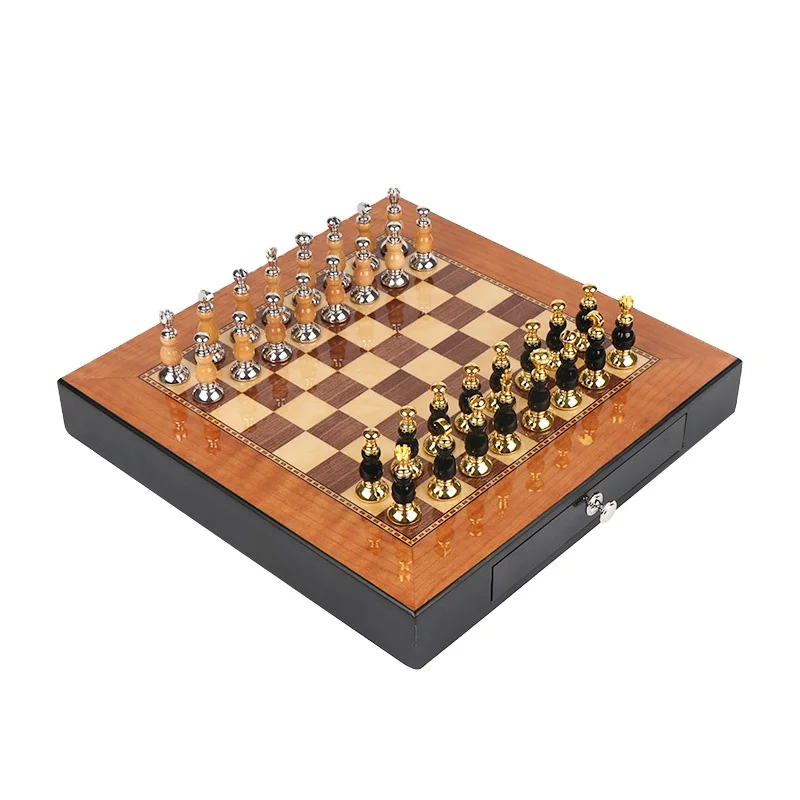 Luxury Custom Professional Metal Glossy Gold Plating Wooden Chess Pieces Board Games Sets