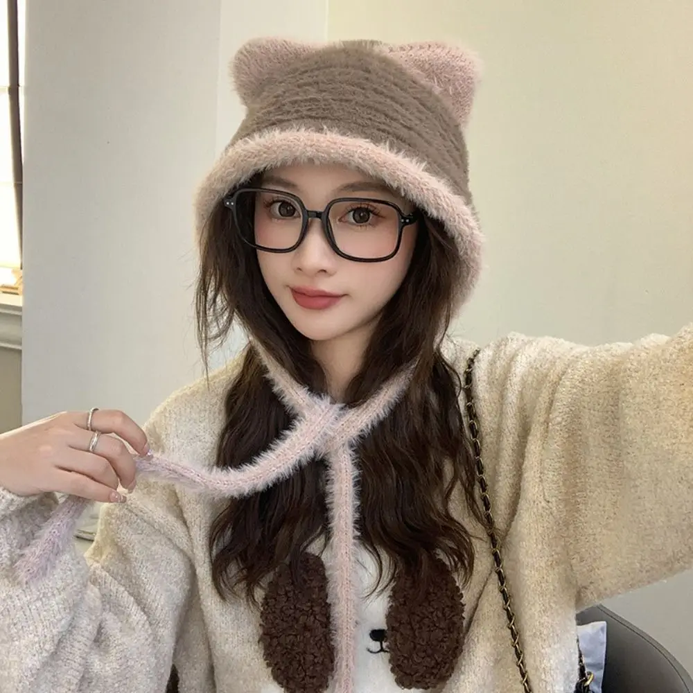 Trendy Korean Style Cute Cat Ear Hat Warm Plush Faux Fur Bucket Hat Casual Ear Protection Women Fluffy Hats Riding