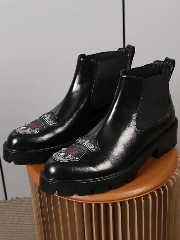 Men British Style Genuine Leather Platform Height Increase Fashion Boots Youth Trend Embroidery Slip On Cowhide High Top Shoes