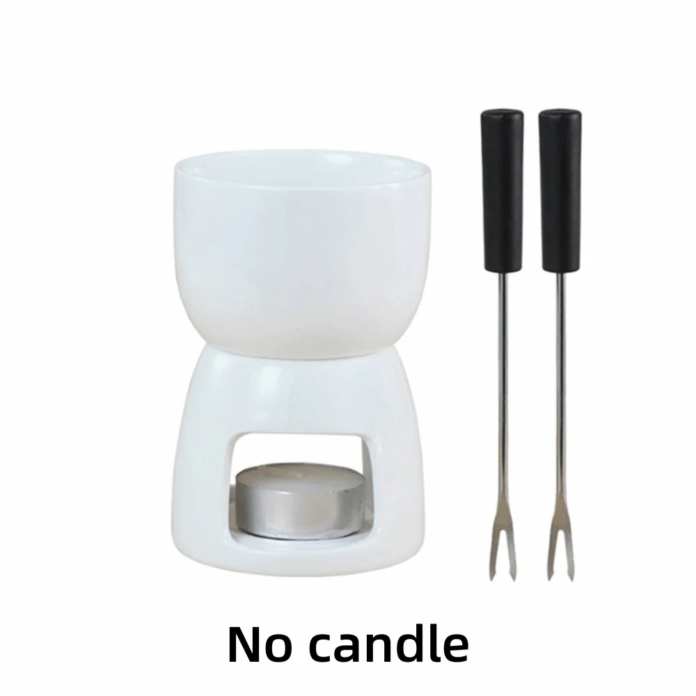 Ceramic Chocolate Cheese Fondue Cup Glazed Surface with Fork Chocolate Melting Mug Removable Mini Tea Light Candle Butter Warmer