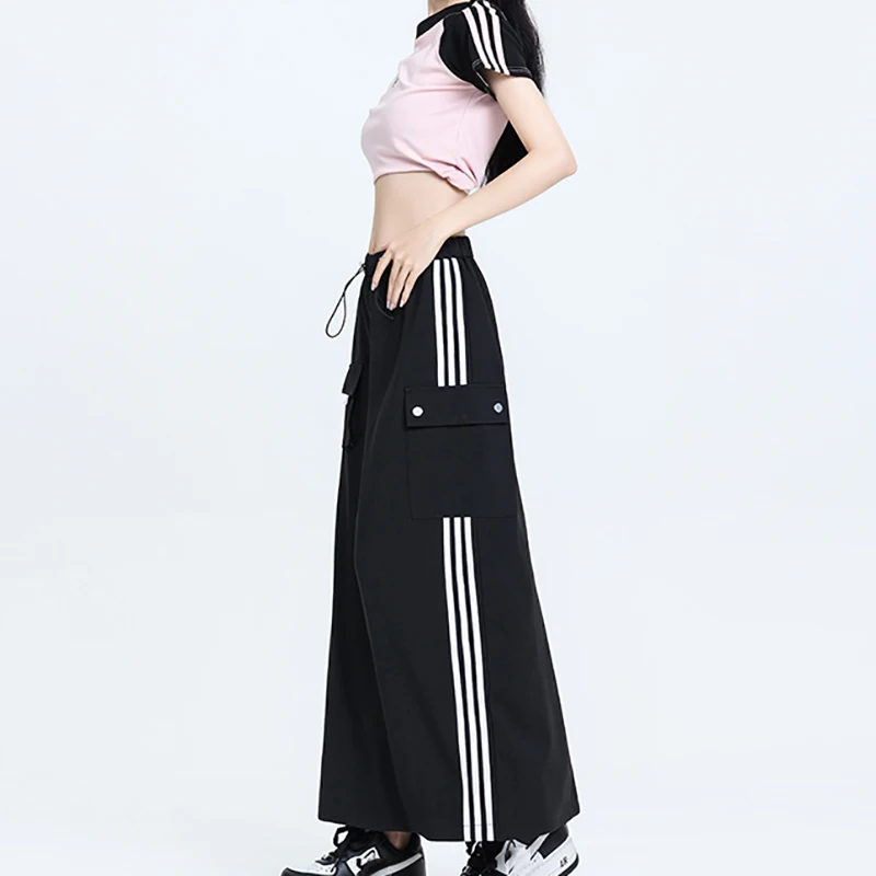 ITOOLIN Women Drawstring Stripe Long Skirt Casual Loose High Waist Office A-line Skirt Women Y2K Streetwear Side Slit Skirts