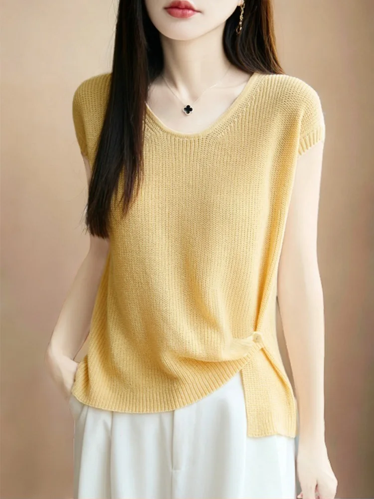 

Women Sleeveless Tank Tops Summer Linen Knitted Vest Side Slit Crew Neck Cool Breathable Anti-wrinkle Camisole Skin-friendly