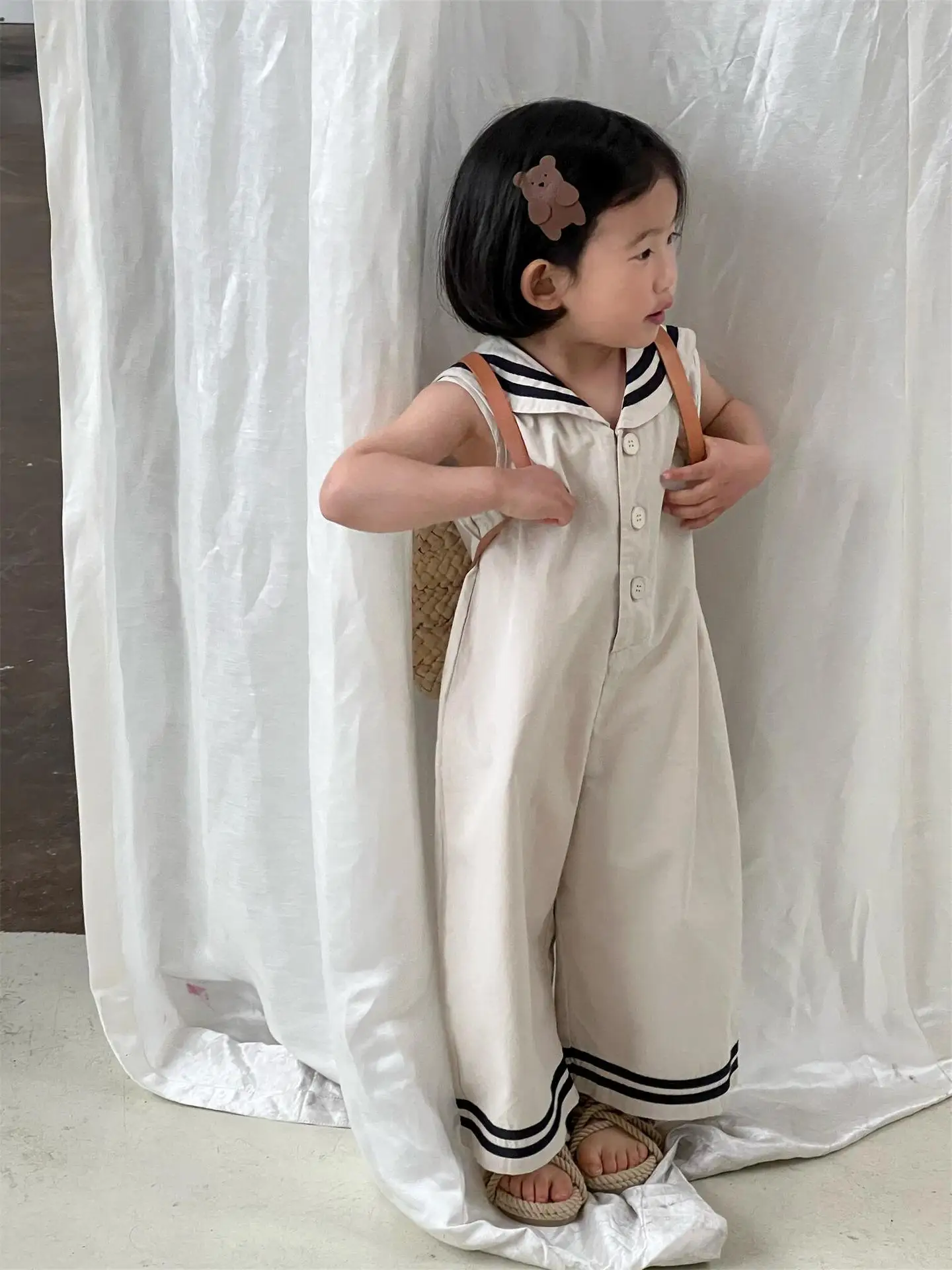 Korean Children\'s Jumpsuit 2023 Summer New Sailor Collar Navy Girl\'s One Piece Clothes Sleeveless Wide-leg Pants