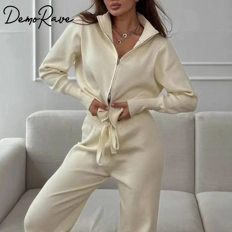 

DemoRave Casual Commuter Knit Suits Women Elegant Double Zipper Stand Collar Sweater High Waist Lace-up Trousers 2 Pieces Sets