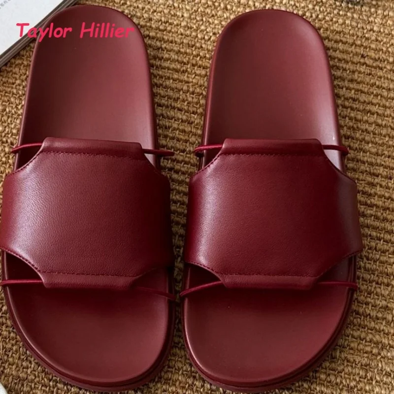

Wine Red Leather Women's Open-Toe Slide Sandals Single Strap Flat Heel Urban Summer Vacation Minimalist Casual Shoes