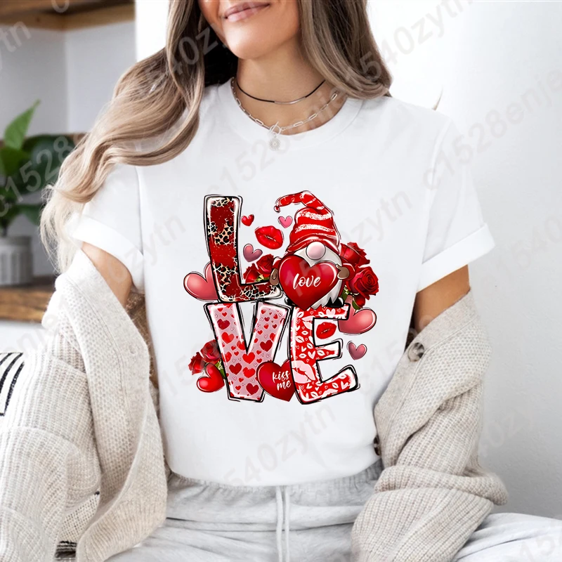 Valentine's Day Graphic Casual T-Shirt for Women, Crew Neck, Love Gnome T-shirts, Heart Print, Summer Short Sleeve Ladies Tops