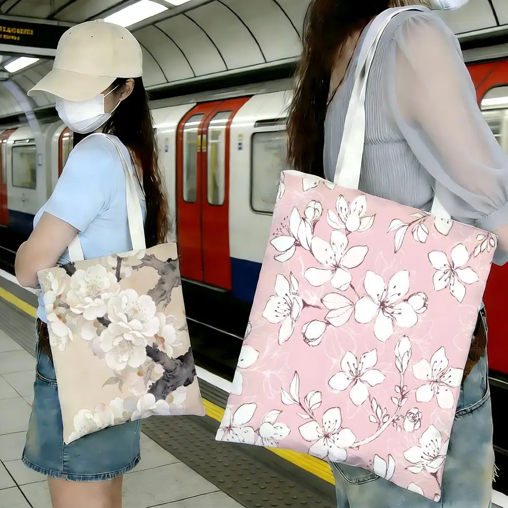 Delicate Fragrant Pear Apricot Blossoms Storage Bags Shopping Bags Series Print Bags Lightweight Shoulder Bag For Daily Use