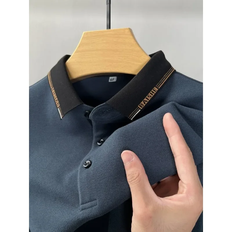 100% Cotton Long Sleeved Men's Lapel Luxury Business Brand Autumn 2023 Loose High-end Trend Solid Color POLO Shirt Korean Top