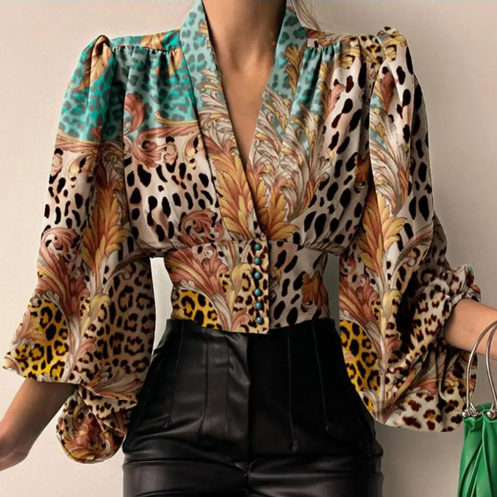 Fashion Women Shirt V-neck Slim Buttons Tight Shrinkable Cuffs Cropped Shirt Lantern Long Sleeve Flower Print Blouse 2022