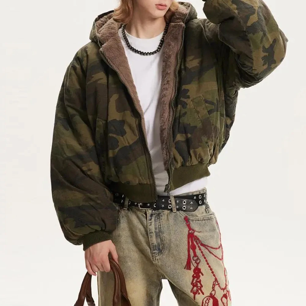 Winter American High Street Retro Double-Sided Thickened Cotton Coat Unisex Plus Velvet Warm Hooded Design Cotton Coat For Men