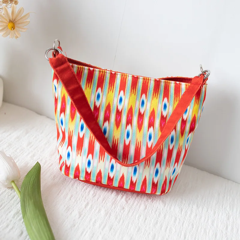 3pcs Shoulder Bags  Polyester National Printing Large Capacity Phone Bucket Shaped Crossbody Bag