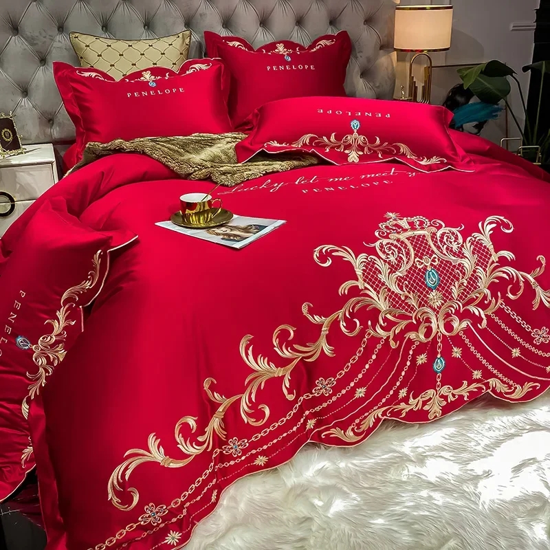 Four-piece cotton light luxury gold quilt cover European-style bed sheet wedding high-end bedding household flower embroidery