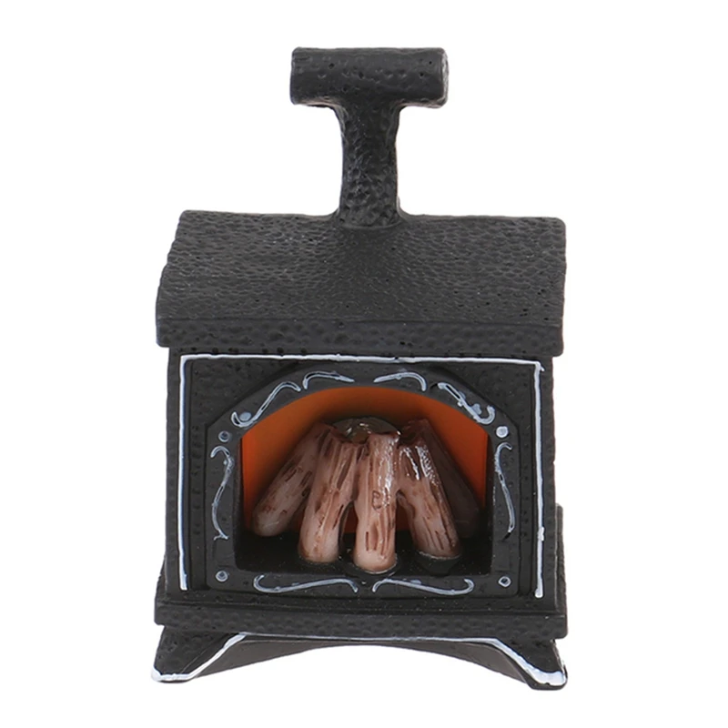 2 Piece Dollhouse Miniature Simulation Mini Illuminated Fireplace Model DIY Accessories Black Resin