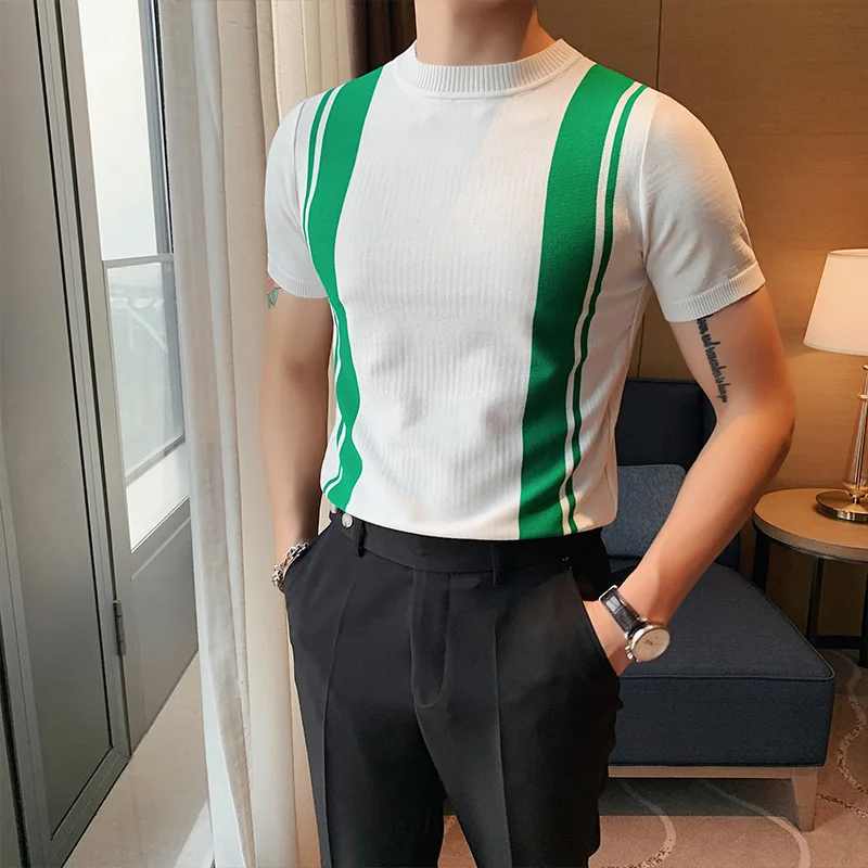 

2024 Summer New Korean Version Slim-fit Crewneck Personality Stripes Against Color Short-sleeved T-shirt Bottom Knit