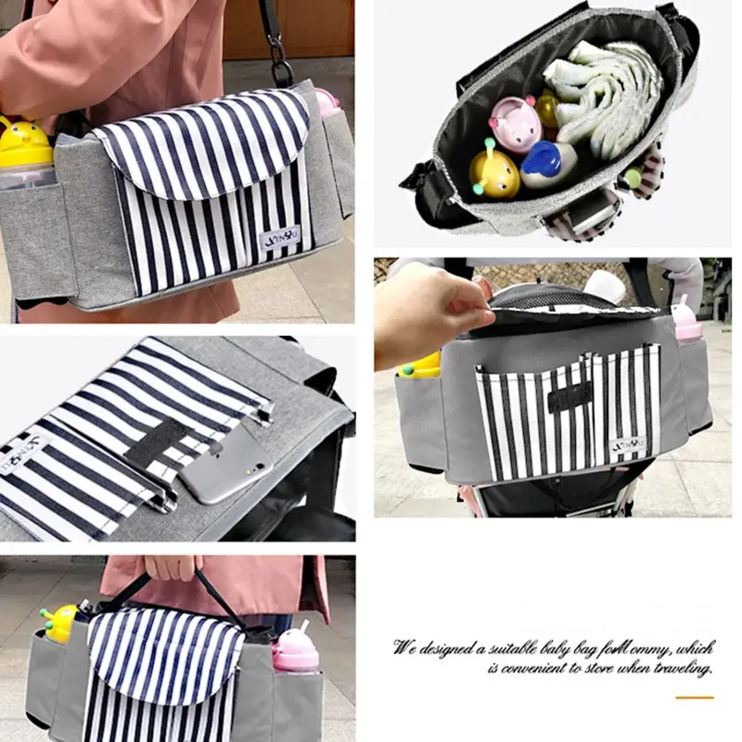 Baby Stroller Storage Bag, Multi-Functional Striped Mother Baby Bag, Large Capacity Portable Waterproof Diaper Bag