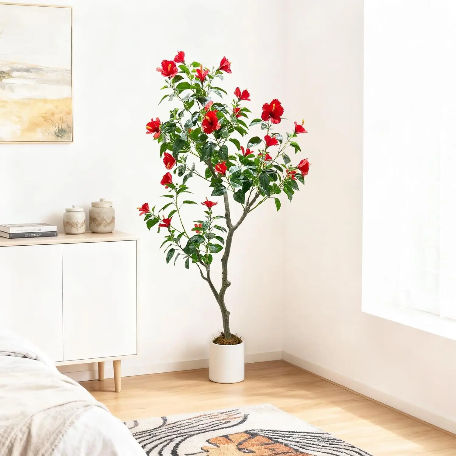 

150cm Hibiscuses Artificial Tree Faux Tree with Realistic Leaves, Red Flowers Potted Faux Plant Indoor Flowering Trees