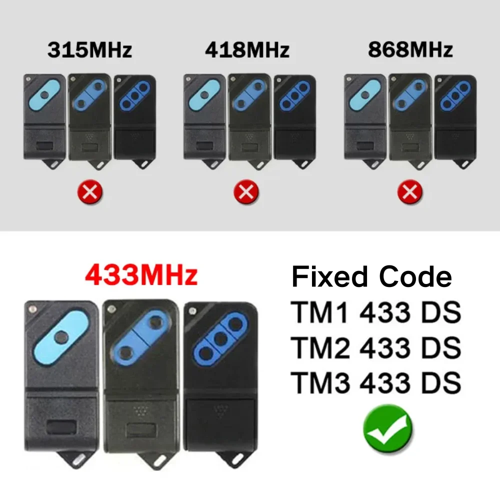 For TM1 433 DS / TM2 433 DS / TM3 433 DS 433MHz Fixed Code Garage Door Remote Control Gate Opener Handheld Transmitter
