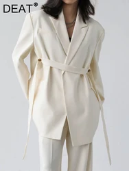 DEAT Fashion Women's Blazer Notched Loose Single Breasted Long Sleeve Ribbon White Suit Jackets Female Summer 2024 New 17A2004H