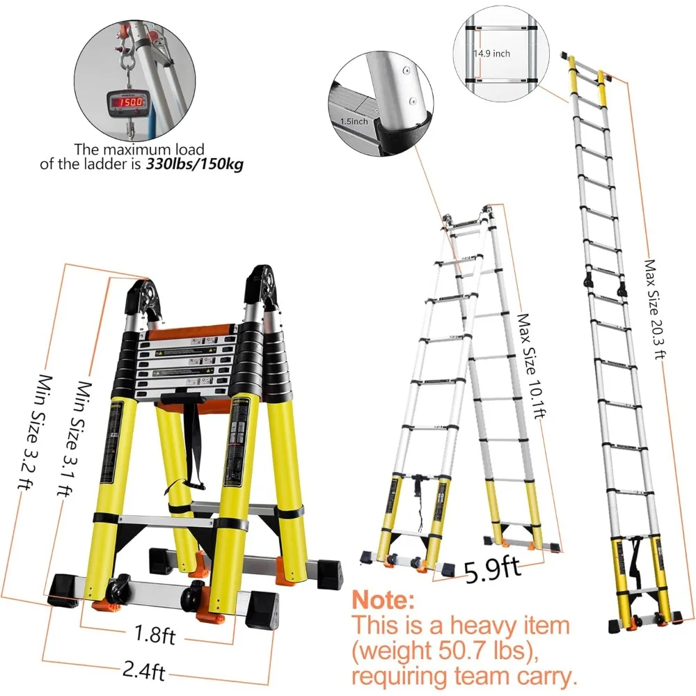 20FT A Frame Telescoping Ladder w. Double Balance Bar/Wheels/Tools Bag, Type-A Collapsible Ladder Adjustable Extension